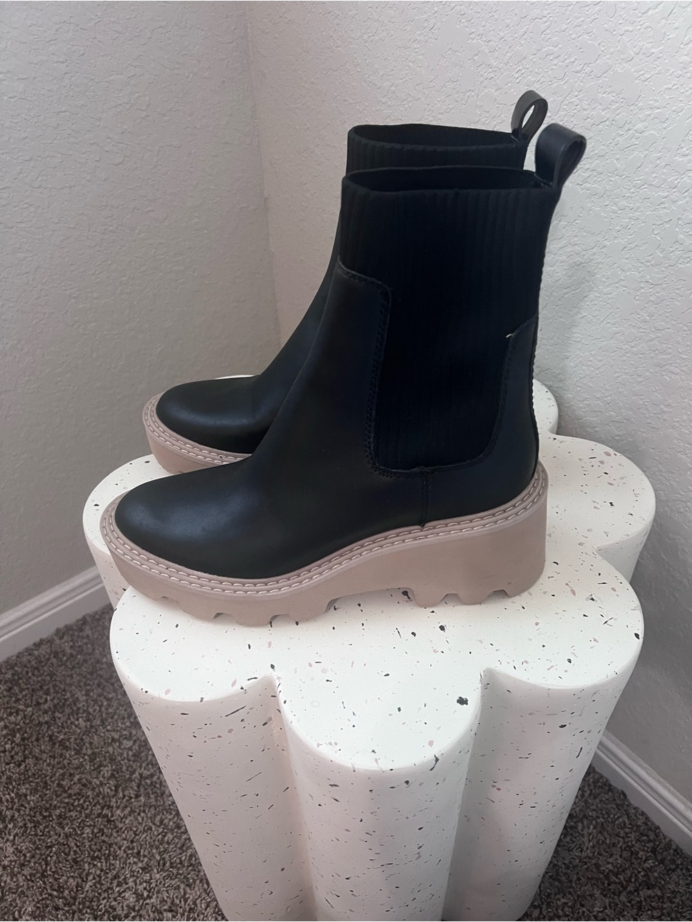 Dolce Vita Black Chelsea Lug Booties with Cream Platform